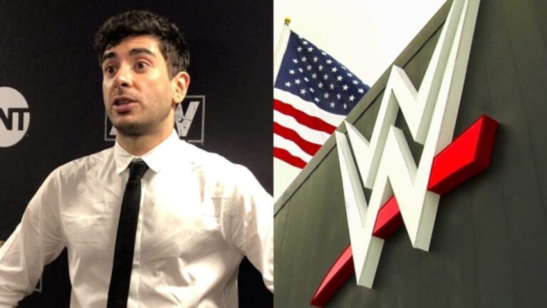 AEW President Tony Khan on the left, WWE logo and american flag on the right