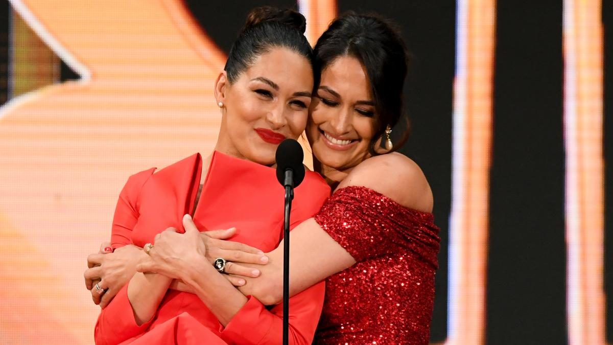 SONOMA, CA - JUNE 12: Professional tag team wrestlers The Bella Twins, Brie  Bella (left) and Nikki Bella (right) during a pre race press conference for  the NASCAR Cup Series Toyota/Save Mart