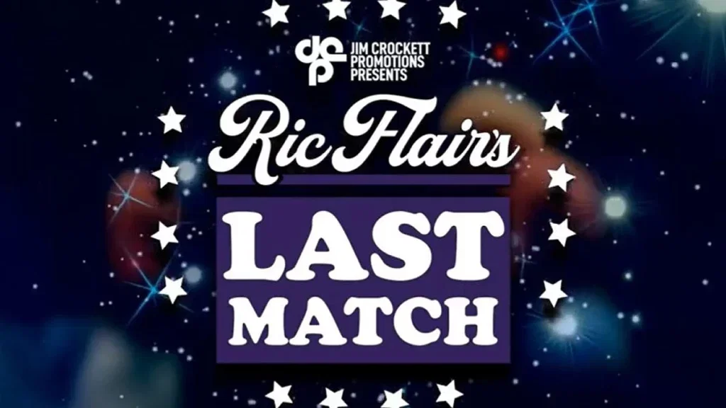 Jim Crockett Promotions logo on Ric Flair's Last Match graphic