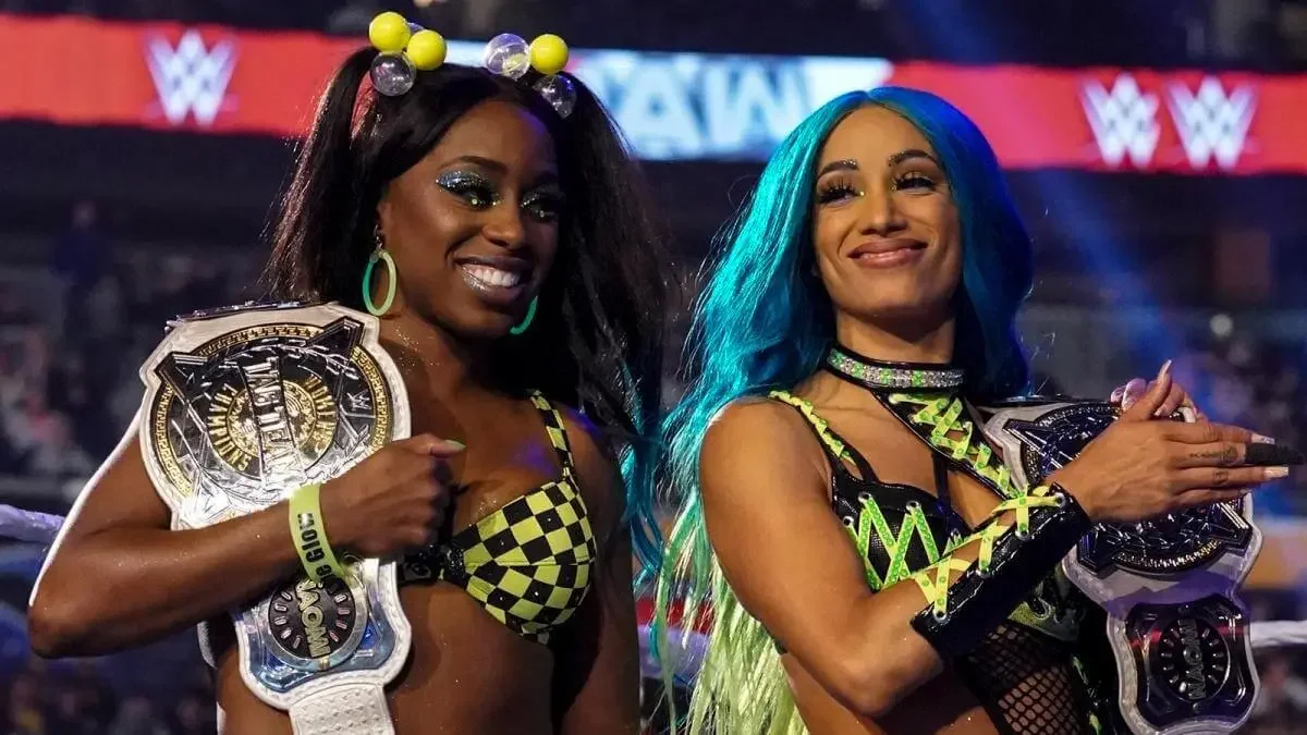 Naomi and Sasha Banks with the WWE Women's Tag Team Championship