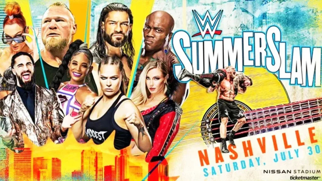 The SummerSlam 2022 poster, featuring Roman Reigns, Brock Lesnar and Ronda Rousey.