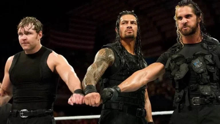 Dean Ambrose, Roman Reigns and Seth Rollins perform the signature Shield fist bump.