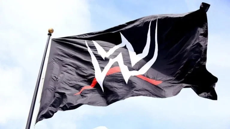 WWE logo on a flag waving outdoors