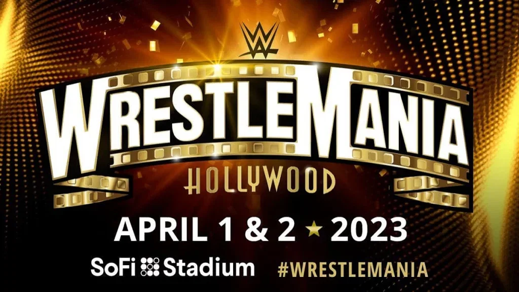 The logo for WWE WrestleMania 39 with the dates April 1 and 2, 2023 and the logo for SoFi Stadium