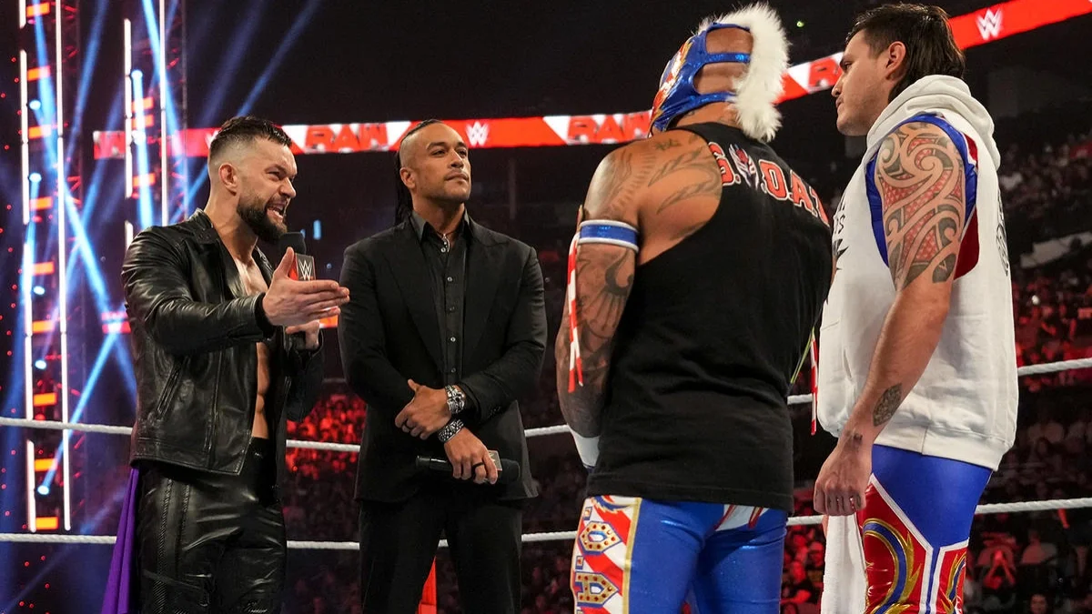 Finn Balor and Damian Priest of Judgment Day confront Dominik and Rey Mysterio