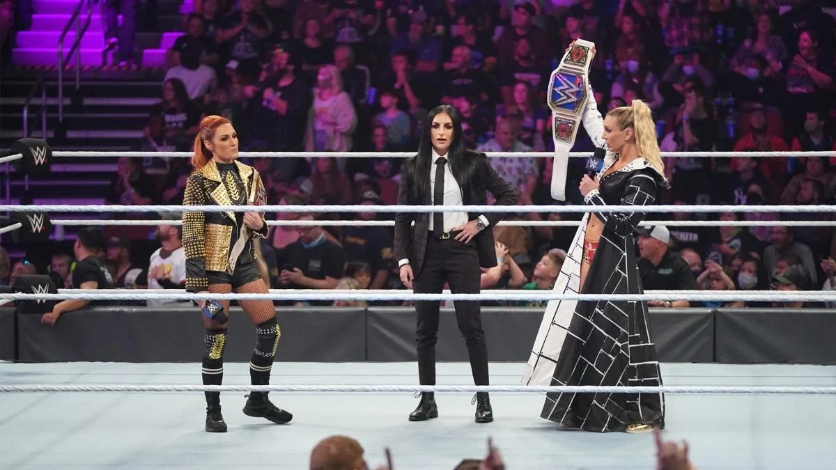 Becky Lynch, Charlotte Flair and Sonya Deville in the infamous "title exchange" segment