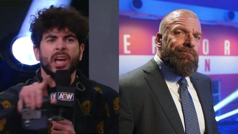 AEW CEO Tony Khan shouting on the left, WWE CCO Triple H smiling on the right