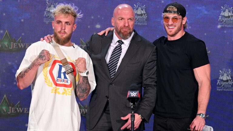 WWE stars Triple H and Logan Paul with Jake Paul