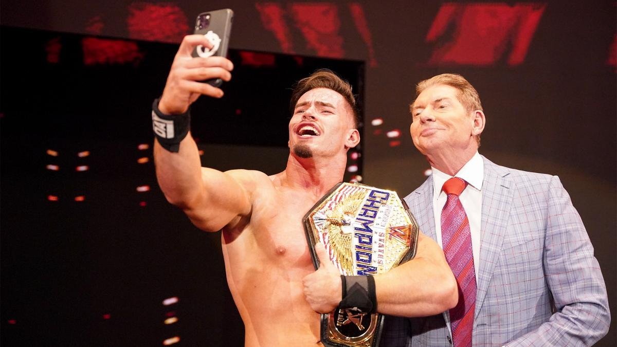 Austin Theory takes a selfie with Vince McMahon