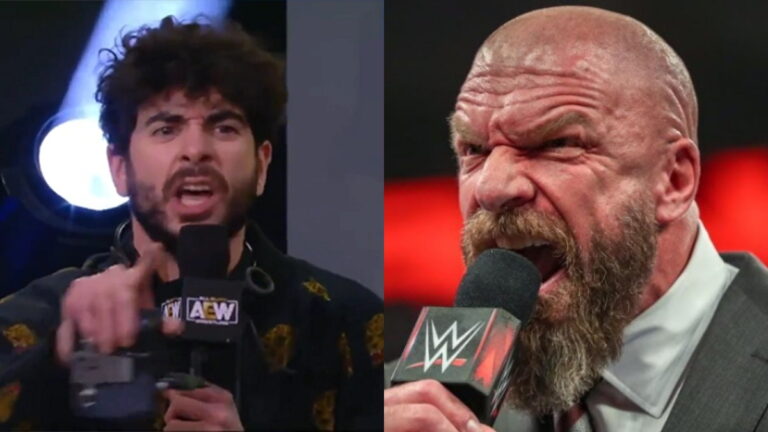 AEW CEO Tony Khan and WWE CCO Paul Triple H Levesque, both holding microphones