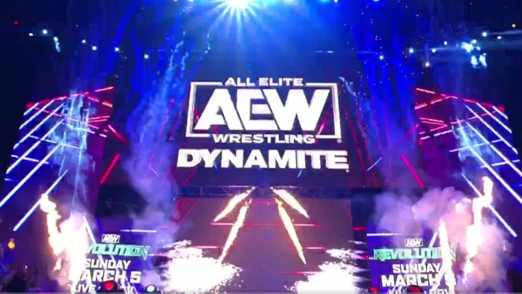 AEW Dynamite stage with pyrotechnics going off