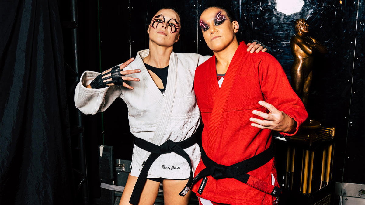 Ronda Rousey, who appeared at AEW Revolution, with Shayna Baszler