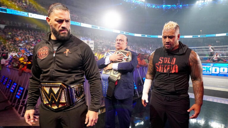 Photo of WWE Bloodline Roman Reigns and Solo Sikoa, Paul Heyman on entrance ramp