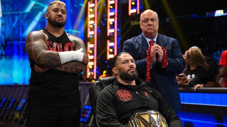 WWE Bloodline members Roman Reigns, Solo Sikoa and Paul Hyeman