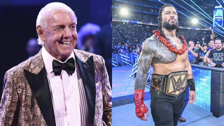 Ric Flair in AEW next to Roman Reigns in WWE