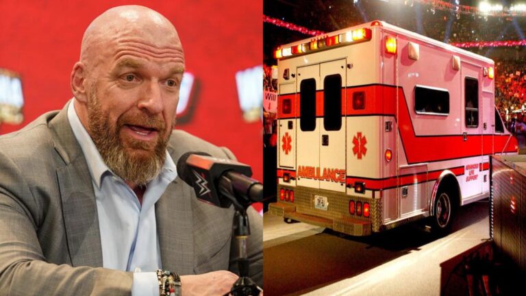 Triple H at a microphone and WWE ambulance