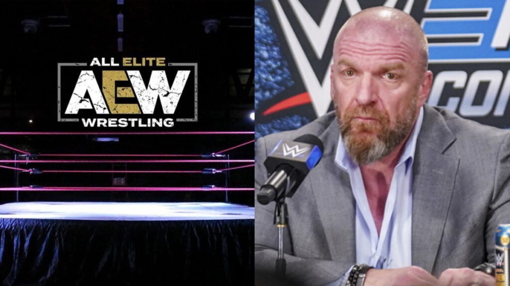 AEW logo on the left, WWE CCO Triple H looking sad on the right