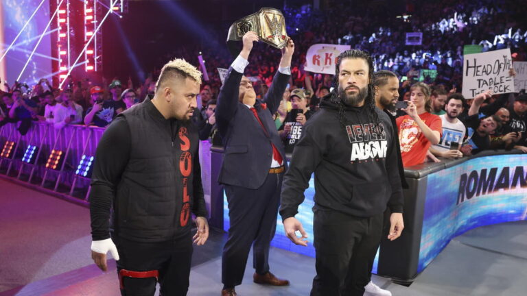 WWE Bloodline members Roman Reigns, Solo Sikoa, Jimmy Uso and Paul Heyman