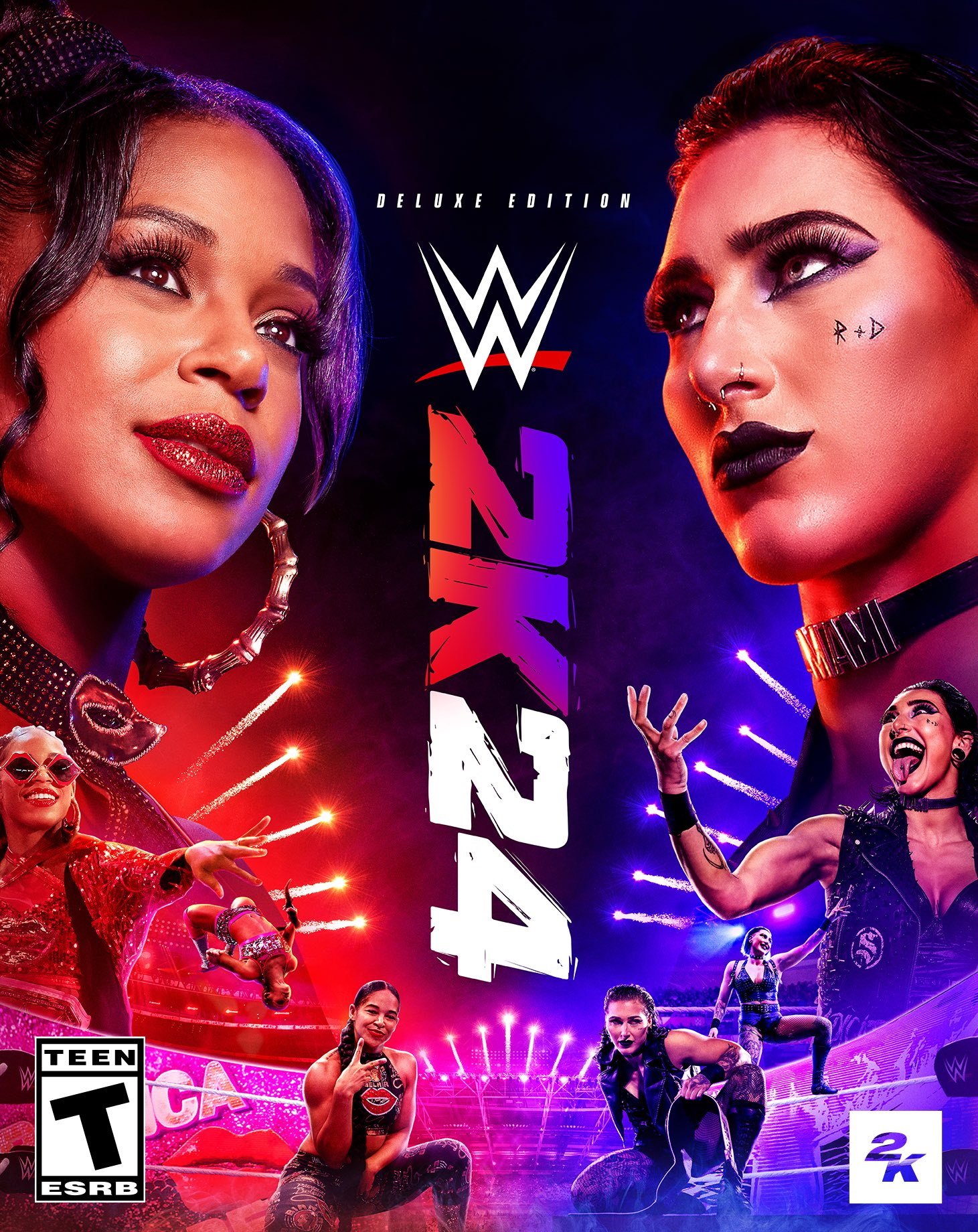 Rhea Ripley and Bianca Belair on the cover of WWE 2K24