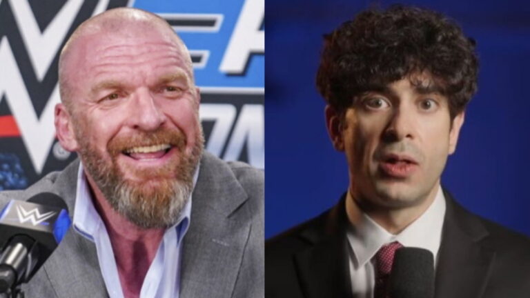 WWE CCO Triple H smiling, and AEW CEO Tony Khan upset