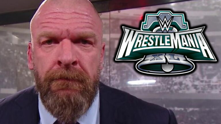 WWE WrestleMania 40 logo over photo of Triple H