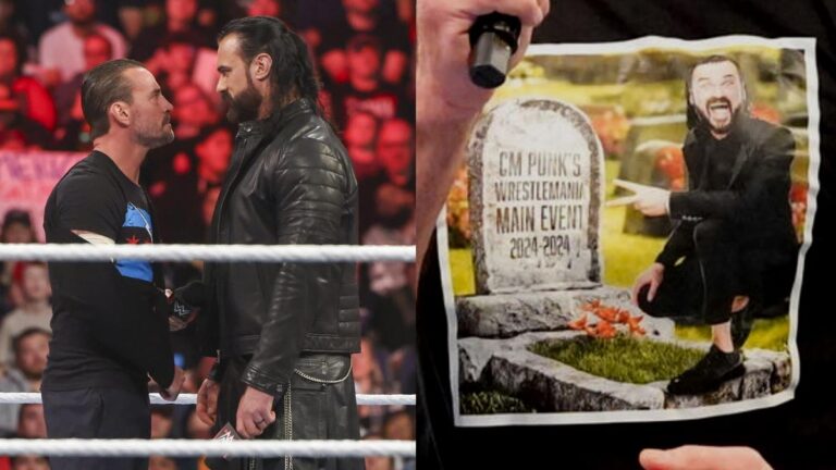 CM Punk Drew McIntyre facing off and Drew McIntyre's meme T-shirt