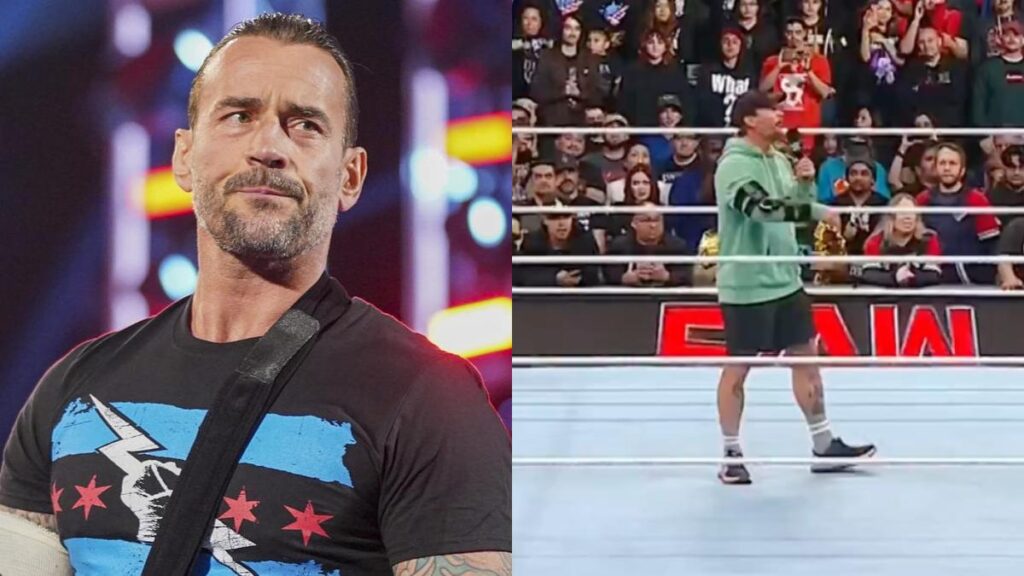 WWE star CM Punk wearing a cast on the left, and appearing live in front of the crowd on the right