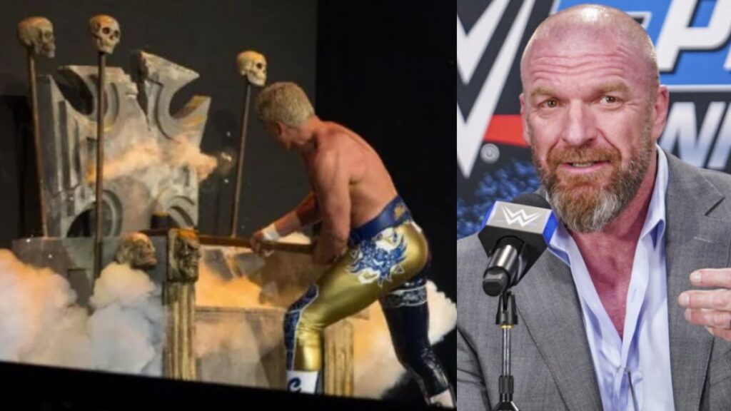 Cody Rhodes smashing the throne at AEW Double or Nothing and Triple H from a WWE press conference