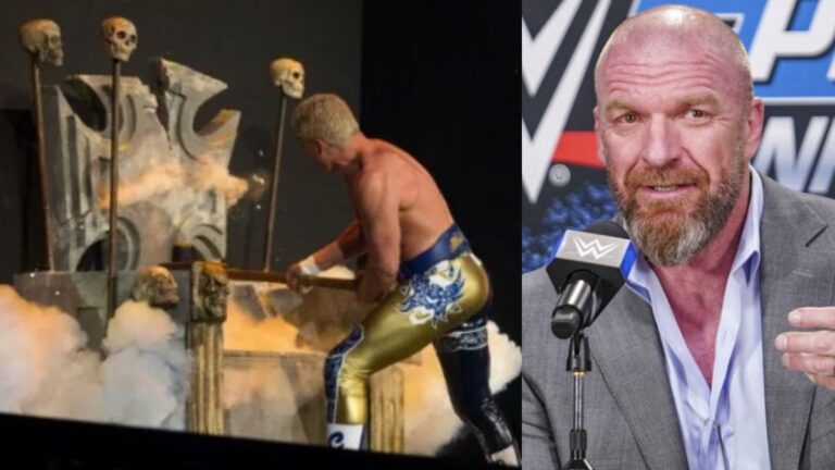 Cody Rhodes smashing the throne at AEW Double or Nothing and Triple H from a WWE press conference