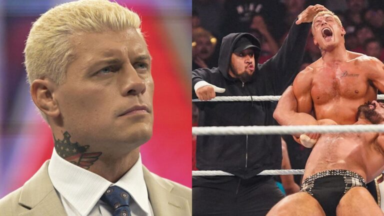 Cody Rhodes in a cream colored suit beside an image of Solo Sikoa of the Bloodline hitting a Samoan Spike on Rhodes from WWE Raw
