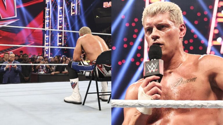 On the left, Cody Rhodes sitting down while Paule Heyman speaks on WWE Raw. On the right, Cody Rhodes on the microphone.