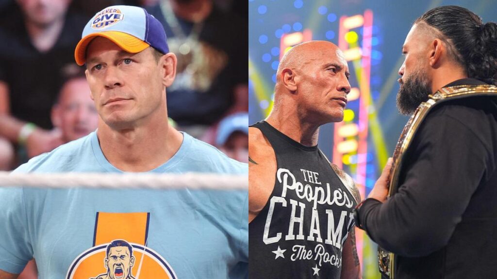 WWE stars John Cena, Roman Reigns and The Rock