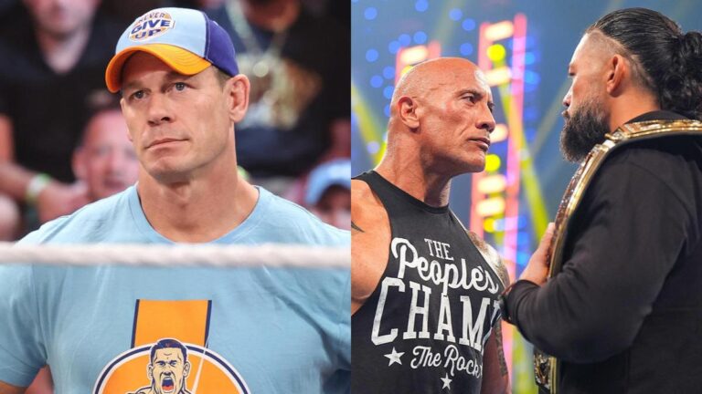 WWE stars John Cena, Roman Reigns and The Rock