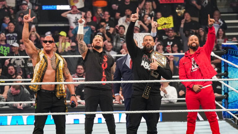 The Bloodline in WWE including the Rock, Roman Reigns, Jimmy Uso, Solo Sikoa