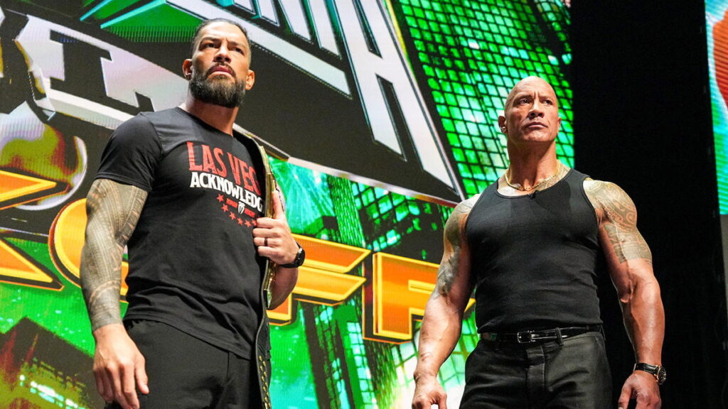 Roman Reigns and The Rock at the WWE WrestleMania 40 media event