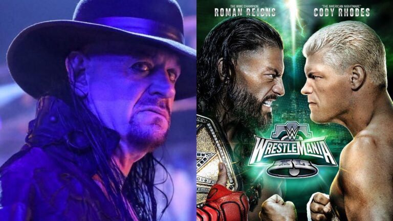 WWE legend The Undertaker next to WrestleMania 40 graphic for Cody Rhodes vs. Roman Reigns