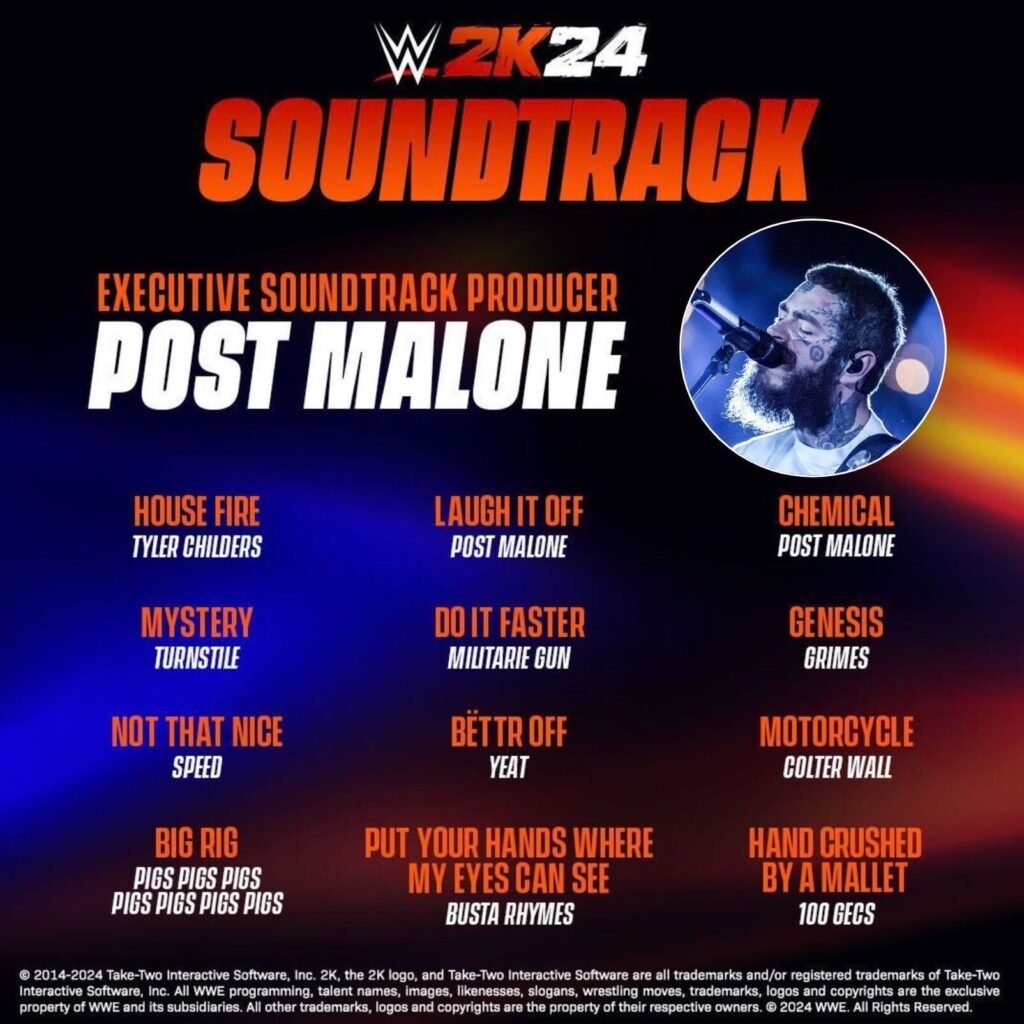 WWE 2k24 video game soundtrack listing Post Malone