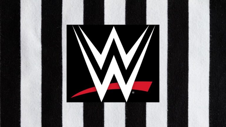 WWE logo on a background of a referee shirt stripes.