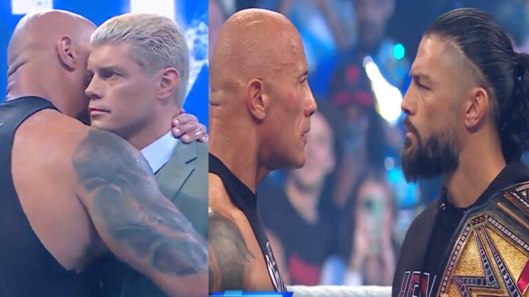 The Rock hugging WWE star Cody Rhodes, then facing off with Roman Reigns