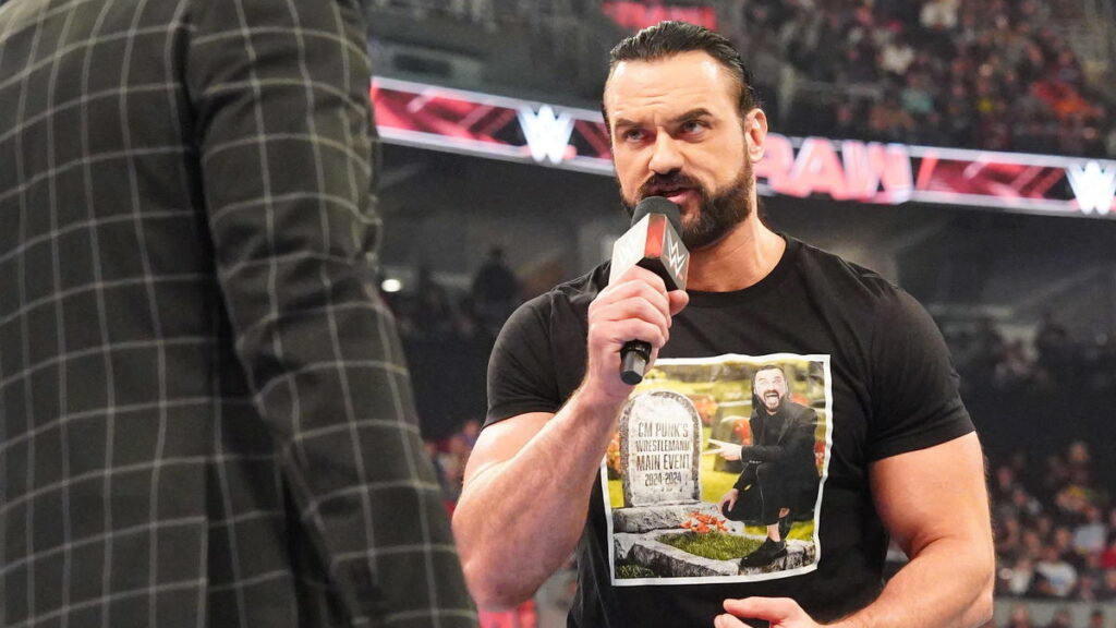 WWE star Drew McIntyre in his shirt touting CM Punk missing WrestleMania 40