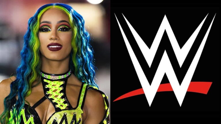 AEW star Mercedes Mone, formerly Sasha Banks, and the WWE logo