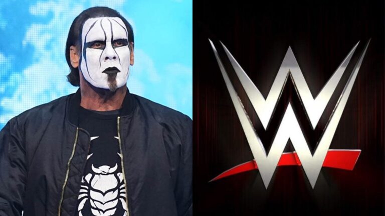 WWE logo with a photo of Sting from AEW