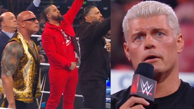 WWE Bloodline members The Rock, Roman Reigns, Jimmy Uso and Paul Heyman on the left, and a sad Cody Rhodes - Reigns' WrestleMania 40 opponent - on the right