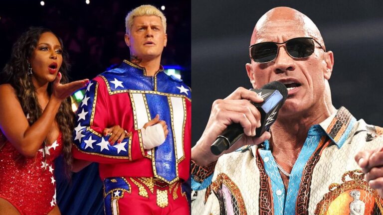 Cody Rhodes & Brandi Rhodes together in AEW on the left with The Rock with a WWE microphone on the right
