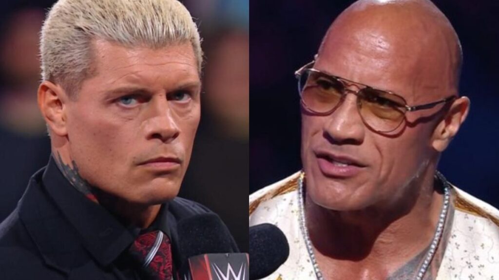 WWE star Cody Rhodes in a suit and tie next to The Rock with sunglasses