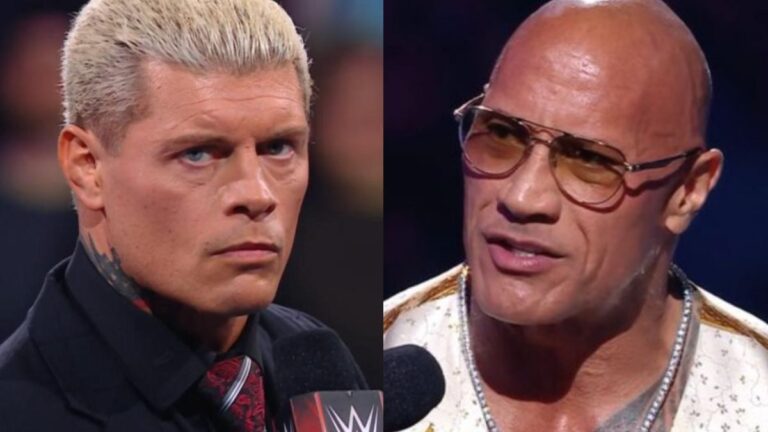 WWE star Cody Rhodes in a suit and tie next to The Rock with sunglasses