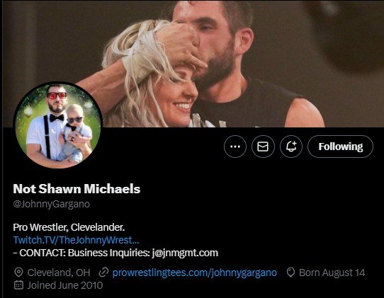 Johnny Gargano's Twitter bio with the name "Not Shawn Michaels"