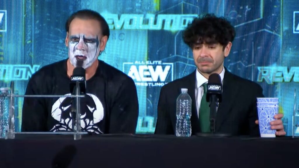 Sting and Tony Khan at the AEW Revolution media scrum