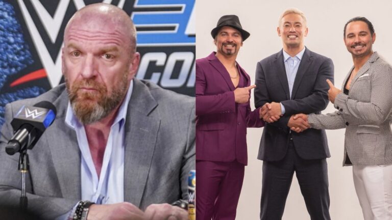 Triple H at the WWE Elimination Chamber Press Conference next to AEW's The Young Bucks at Kazuchika Okada