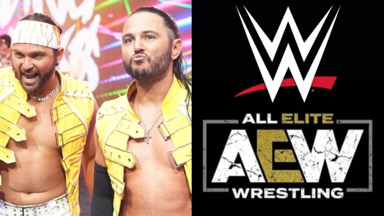 The Young Bucks in yellow ring attire next to the WWE and AEW logos